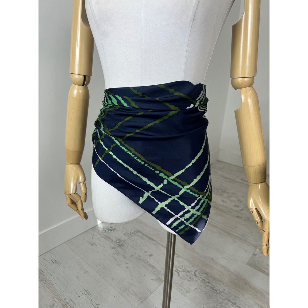 Vintage Navy Blue Green Geometric Grid Square Scarf 27x27 Acetate Neckerchief